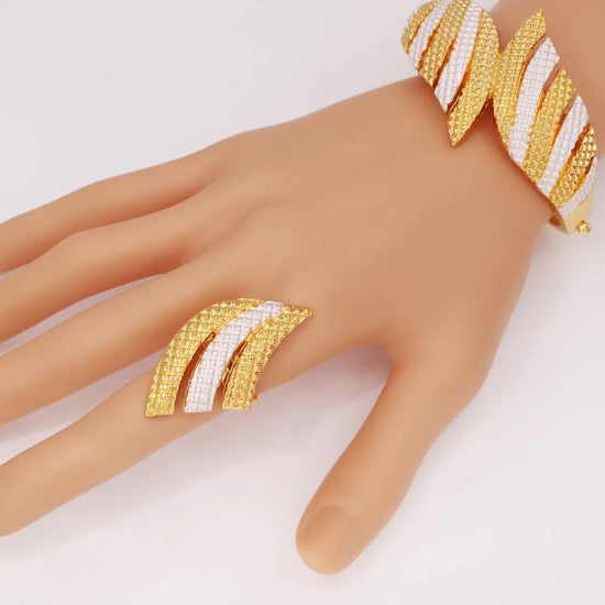 Luxury Two Tone Big Jewelry Set Gold Plated Necklace Bracelet Large Earring Ring For Women Bridal Africal Wedding Gift 2025 New