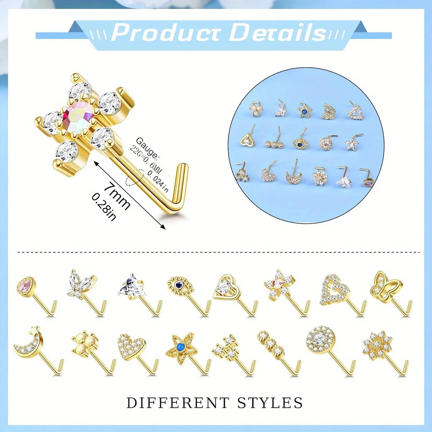 Drperfect 1Pc 22G Nose Studs L Shaped Nose Rings Studs for Women Opal CZ Heart Butterfly Nose Piercing Jewelry