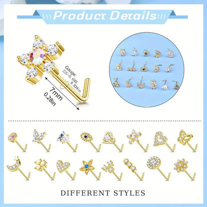 Drperfect 1Pc 22G Nose Studs L Shaped Nose Rings Studs for Women Opal CZ Heart Butterfly Nose Piercing Jewelry
