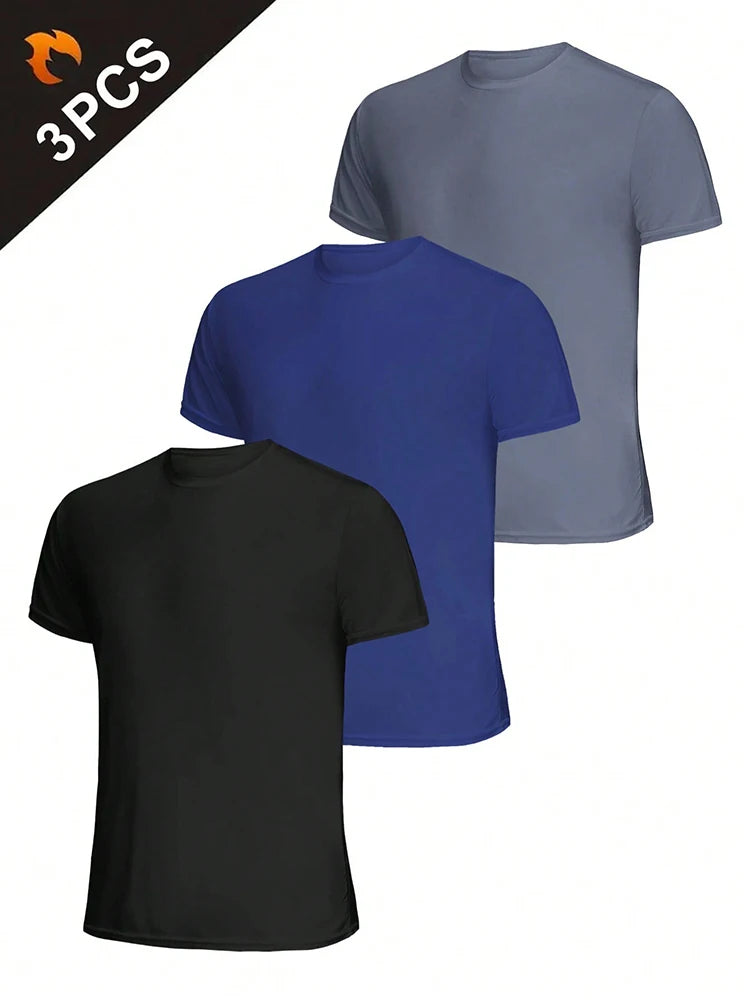 3Pcs Men's Ultralight Quick Dry Sport T-Shirt, Solid Color Breathable Lightweight Top For Fitness Training Workout Running Gym