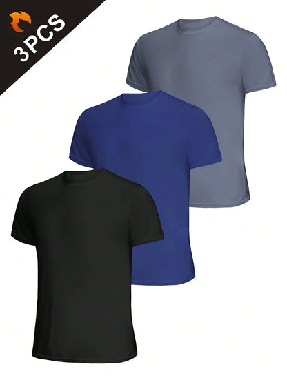 3Pcs Men's Ultralight Quick Dry Sport T-Shirt, Solid Color Breathable Lightweight Top For Fitness Training Workout Running Gym