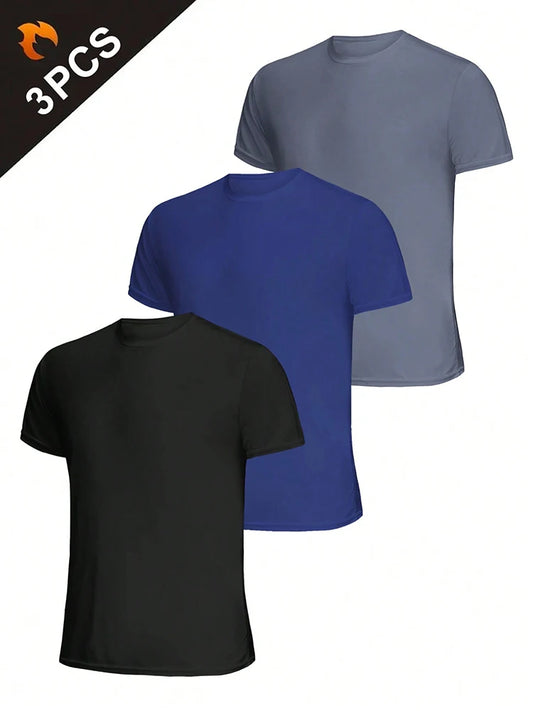 3Pcs Men's Ultralight Quick Dry Sport T-Shirt, Solid Color Breathable Lightweight Top For Fitness Training Workout Running Gym