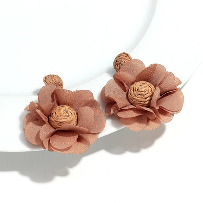 Summer Colorful Lafite Chiffon Flower Earrings for Women Boho Handwoven 3D Flower Fabric Drop Earring Beach Party Jewelry Gifts