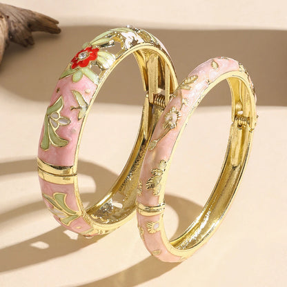 FTCY 2 PCS Enameled Bracelets For Women Vintage Hollowed Small Flower Cloisonne Women's Bangles Party Jewelry Gifts
