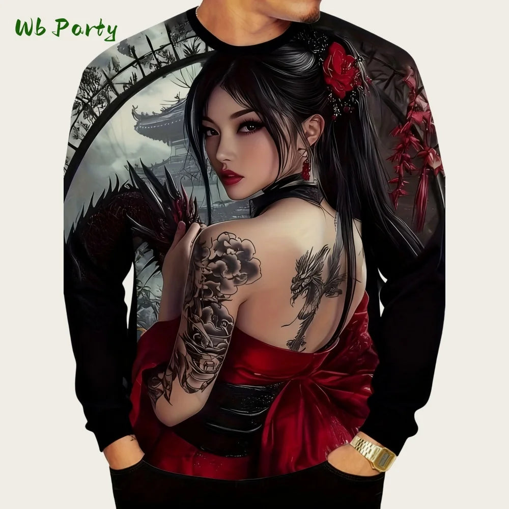 Japanese Long Sleeve Mens 3D Samurai Cartoon Pattern T-Shirt O-Neck Long Short Sleeve Breathable Style Streetwear Men's Clothing