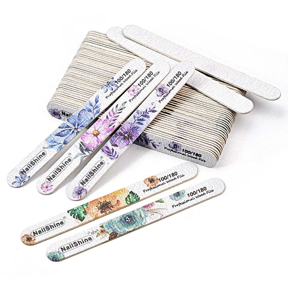 10pcs Set Wood Nail Buffer Reusable 100/180 Grit Smooth Straight Nail Files Floral Design Beautiful Nail Care Equipment