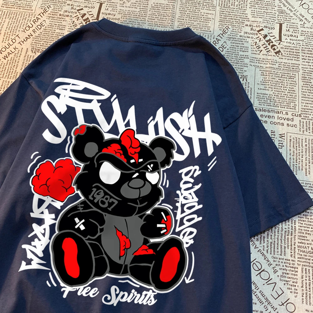 Exploding Black Puppet Bear Men Women T-Shirts High Quality Cotton Tops Summer Loose T Shirts Simplicity Breathable Streetwear
