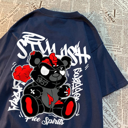Exploding Black Puppet Bear Men Women T-Shirts High Quality Cotton Tops Summer Loose T Shirts Simplicity Breathable Streetwear