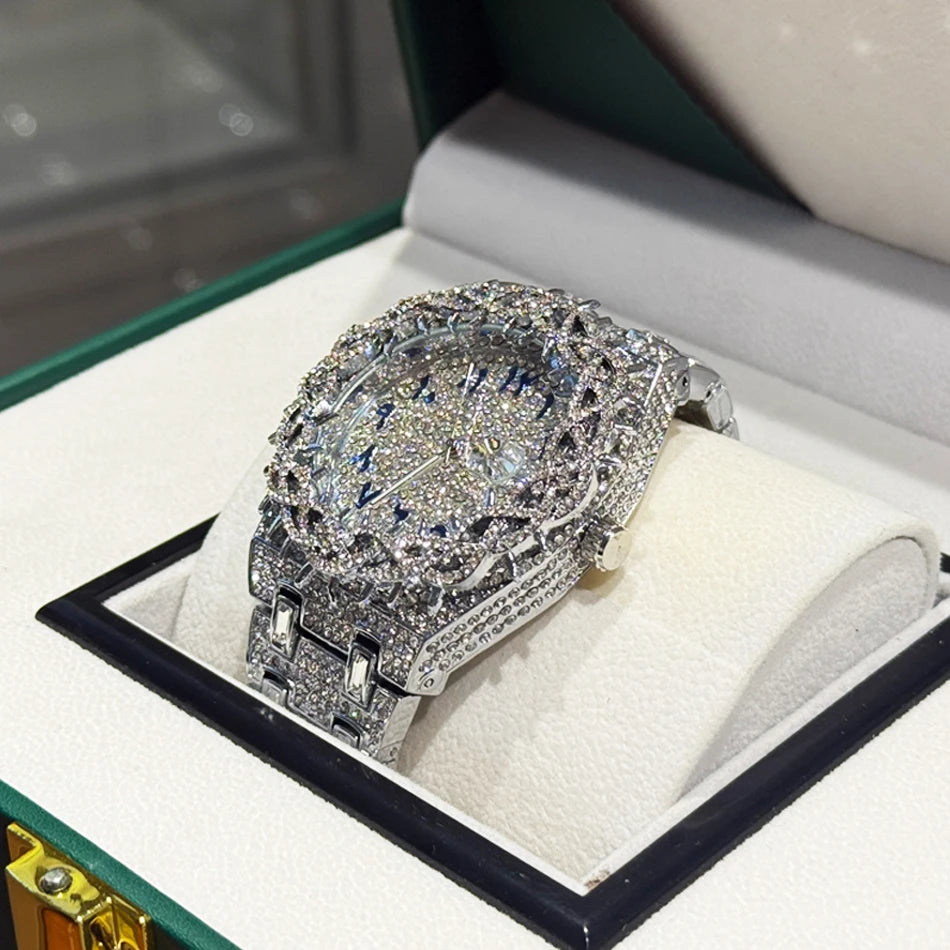 PINTIME Cool Black Watch For Men Luxury Thorn Crown Quartz Watches Fashion Hip Hop Iced Diamond Wristwatch Man Dropshipping