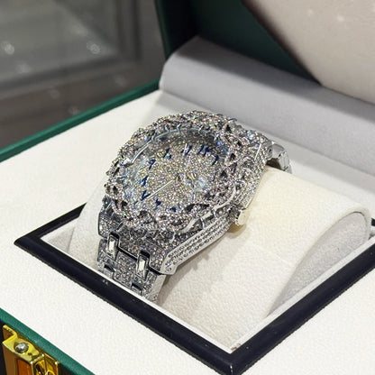 PINTIME Cool Black Watch For Men Luxury Thorn Crown Quartz Watches Fashion Hip Hop Iced Diamond Wristwatch Man Dropshipping