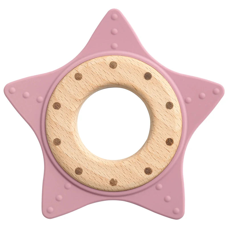 1PC Silicone Teether Baby Star Shape Wooden Ring Kid Baby Toy Gift BPA Free Silicone Children Chewing Teething Goods