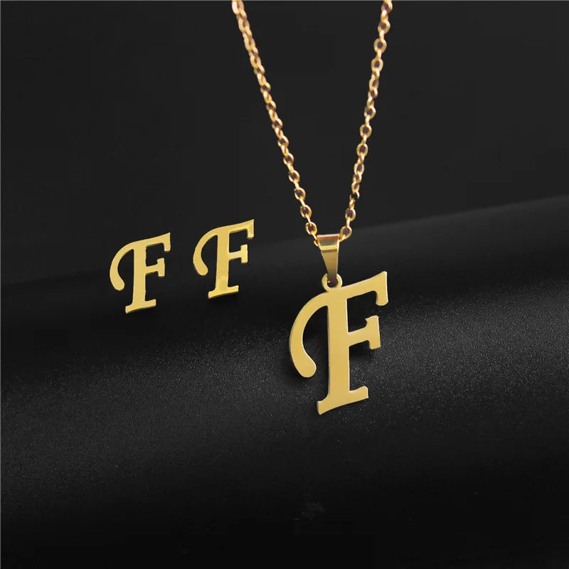 A-Z 26 Stainless Steel Initial Necklace and Earring Jewelry Set Letter Pendant Chain Alphabet Mom Christmas Gift