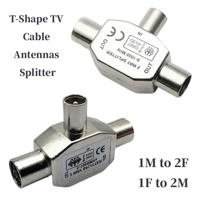 T-Shape TV Cable Antennas 3-Way Splitter TV Male Plug Female Socket Coaxial Signal Distributor Connector