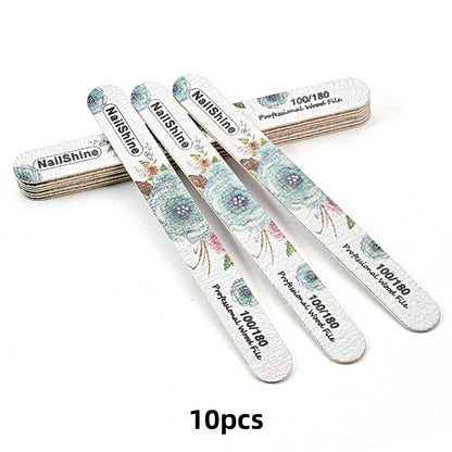 10pcs Set Wood Nail Buffer Reusable 100/180 Grit Smooth Straight Nail Files Floral Design Beautiful Nail Care Equipment