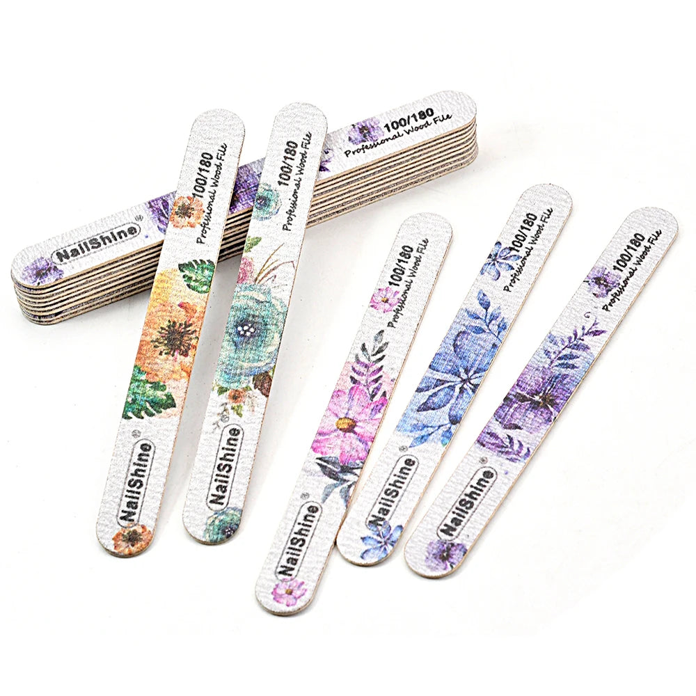 10pcs Set Wood Nail Buffer Reusable 100/180 Grit Smooth Straight Nail Files Floral Design Beautiful Nail Care Equipment