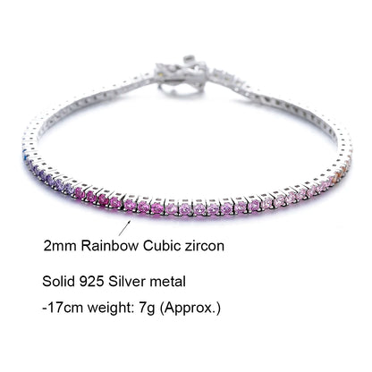 New 2 mm Rainbow Solid 925 Silver Jewelry Colorful Cubic Zircon Colorful Pretty Tennis Chain Bracelets