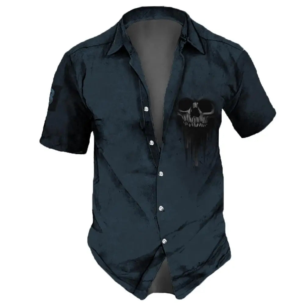 2023 Skull  Men's Shirts Lapel Streetwear Vintage Shirt For Men Street Hip Hop Short Sleeve Top Party Summer Men Hawaiian Shirts