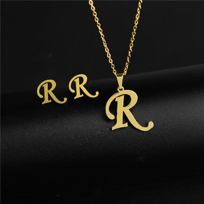 A-Z 26 Stainless Steel Initial Necklace and Earring Jewelry Set Letter Pendant Chain Alphabet Mom Christmas Gift