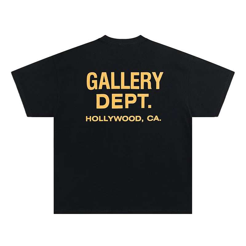 Men's GALLERY DEPT. T-Shirt Black Yellow Print HOLLYWOOD CA Oversized Cotton Streetwear Tee Summer Casual Short Sleeve Top