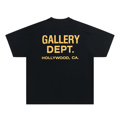 Men's GALLERY DEPT. T-Shirt Black Yellow Print HOLLYWOOD CA Oversized Cotton Streetwear Tee Summer Casual Short Sleeve Top
