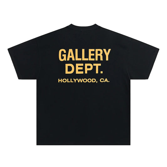 Men's GALLERY DEPT. T-Shirt Black Yellow Print HOLLYWOOD CA Oversized Cotton Streetwear Tee Summer Casual Short Sleeve Top