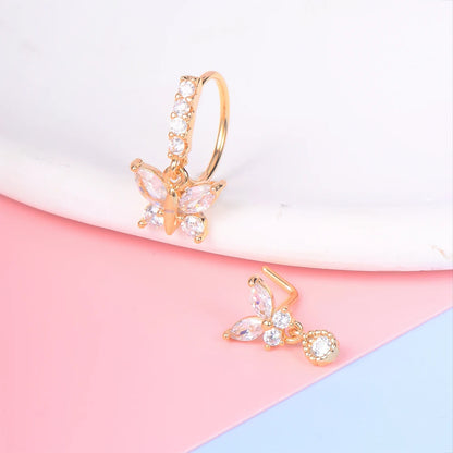 2Pcs Butterfly Pendant Dangle Nose Studs Ring Stainless Steel Zircon Indian Nose Piercing Rings Earrings Valentine Jewelry Gift