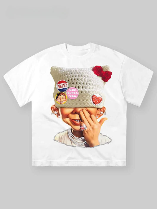 Personality Hip Hop Funny Face Pattern Printed T-Shirt Cotton Short Sleeved T-shirt Men Women Casual Streetwear Round Neck Tops