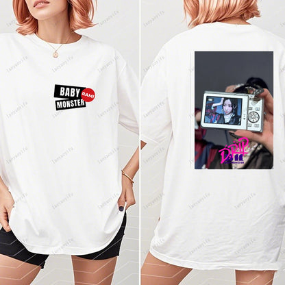 BABYMONSTER Kpop Band T-shirt Korean Fashion Summer Double Sided Tee Short Sleeve Cotton Comfortable Tshirts Women/Men Clothes