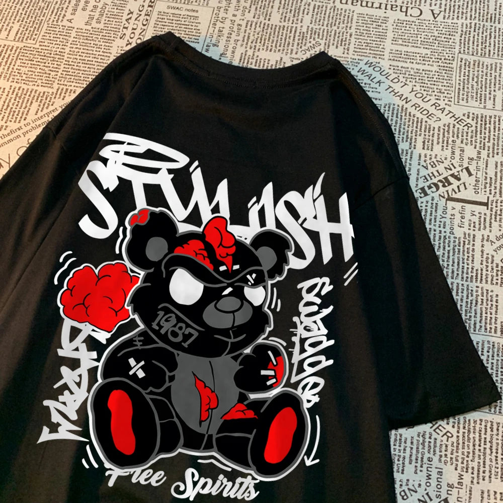 Exploding Black Puppet Bear Men Women T-Shirts High Quality Cotton Tops Summer Loose T Shirts Simplicity Breathable Streetwear
