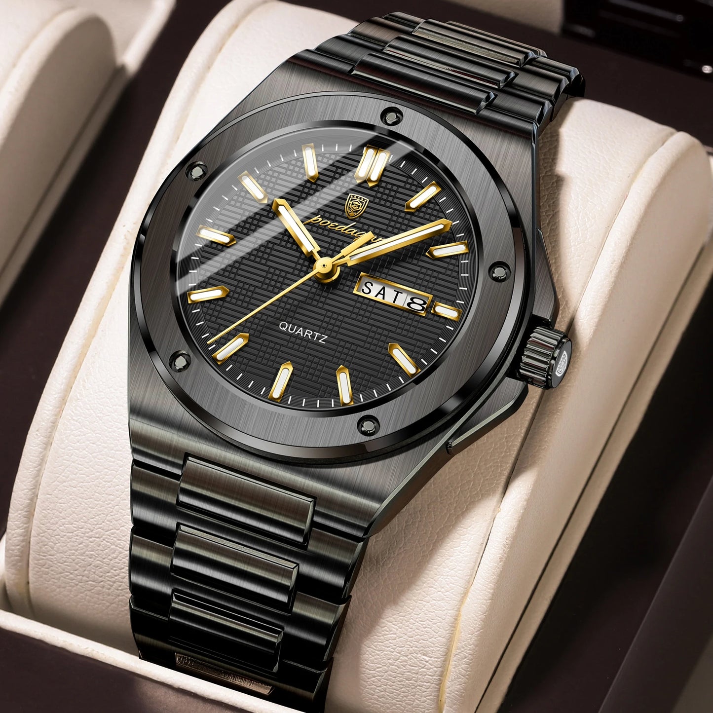 POEDAGAR High Quality Men Clock Date Week Waterproof Fashion Watch For Man Stainless Steel Luxury Men's Quartz Watches Reloj+Box