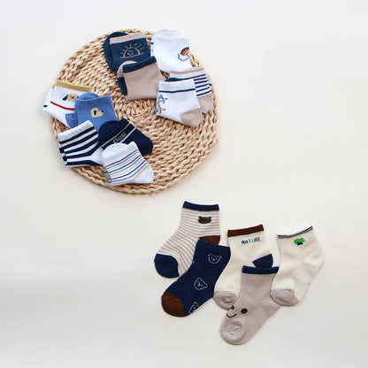 5 Pairs Summer Cotton Socks for Boy Girl Cute Cartoon Thin Breathable Baby Middle Tube Socks Fashion Stripe Kids Socks 0-3 Years
