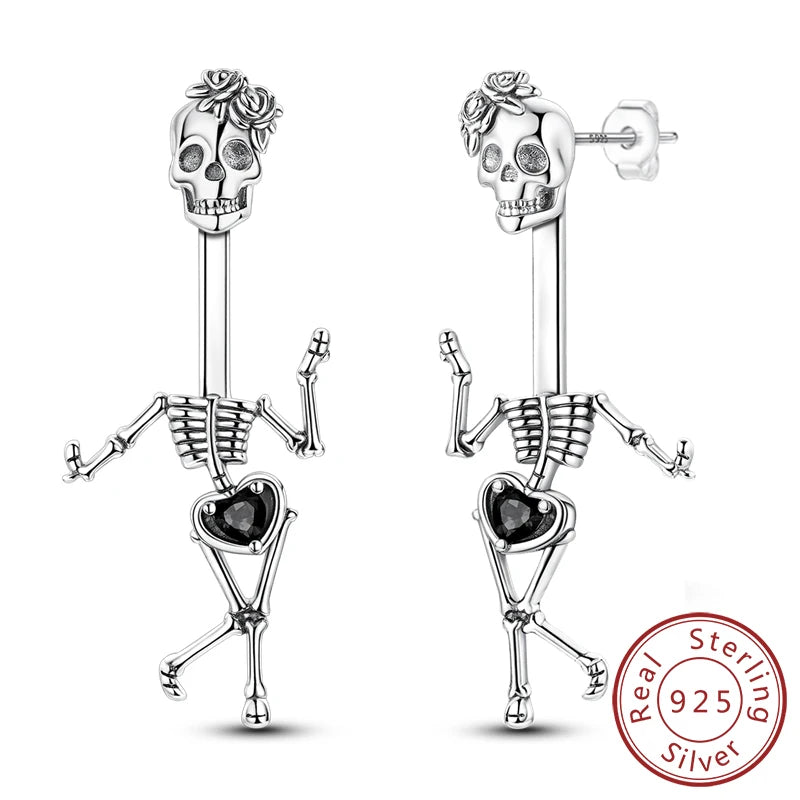 Halloween Earrings Ring Necklace 925 Sterling Silver Sparkling Skull Bow Stud Drop Earring For Women Men Halloween Party Jewelry