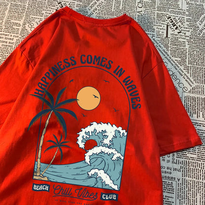 Happiness Comes In Waves Printing Men Women Clothes Fashion Loose Tops Creativity Casual T Shirt Pattern Loose Tshirts Couple