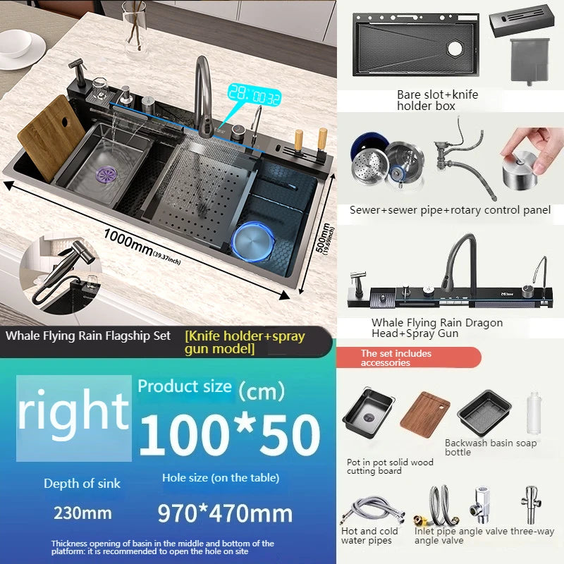 Golden Stainless Steel Waterfall Kitchen Sink Gold Embossed Extra Large Single Slot Digital Display Dishwashing Basin 100x50cm