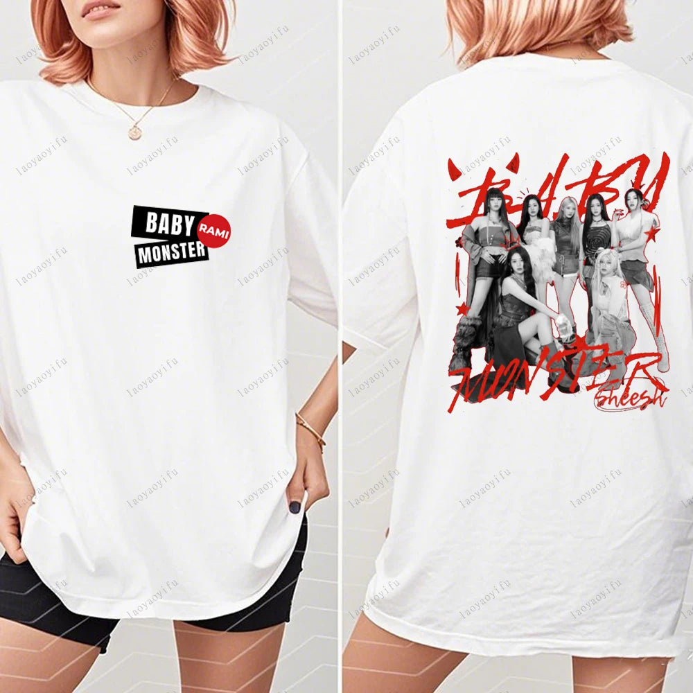 BABYMONSTER Kpop Band T-shirt Korean Fashion Summer Double Sided Tee Short Sleeve Cotton Comfortable Tshirts Women/Men Clothes