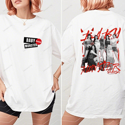 BABYMONSTER Kpop Band T-shirt Korean Fashion Summer Double Sided Tee Short Sleeve Cotton Comfortable Tshirts Women/Men Clothes