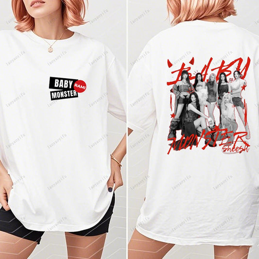 BABYMONSTER Kpop Band T-shirt Korean Fashion Summer Double Sided Tee Short Sleeve Cotton Comfortable Tshirts Women/Men Clothes