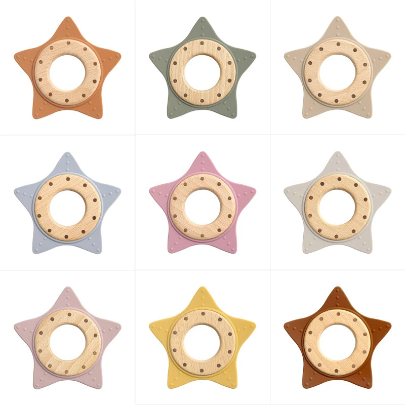 1PC Silicone Teether Baby Star Shape Wooden Ring Kid Baby Toy Gift BPA Free Silicone Children Chewing Teething Goods