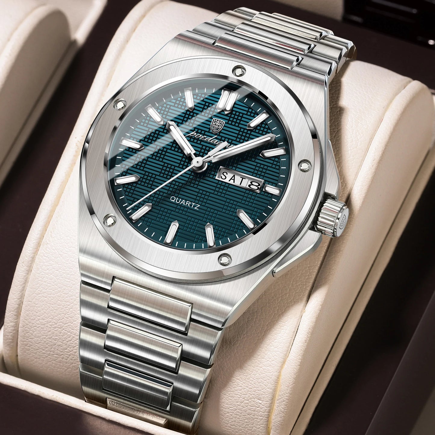 POEDAGAR High Quality Men Clock Date Week Waterproof Fashion Watch For Man Stainless Steel Luxury Men's Quartz Watches Reloj+Box
