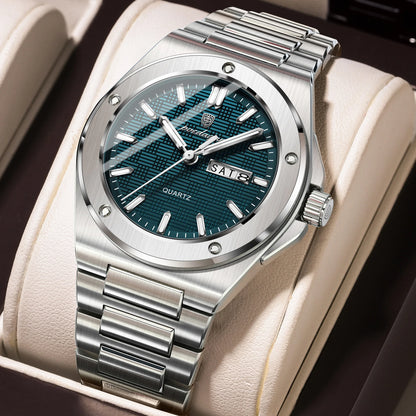 POEDAGAR High Quality Men Clock Date Week Waterproof Fashion Watch For Man Stainless Steel Luxury Men's Quartz Watches Reloj+Box