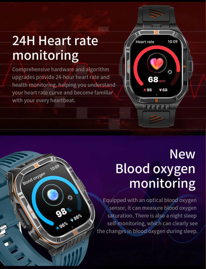 New Smart Watch Men 2.01"HD Screen 3ATM Waterproof Flashlight Health Monitor 1100mAh Battery Sport Bluetooth Call Smartwatch