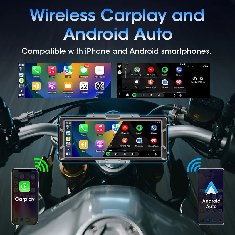 Develuck 8.1" Motorcycle DVR 2K Front Camera Navigation GPS Wireless Carplay Android Auto Moto Monitor with TPMS Sensor Dual BT