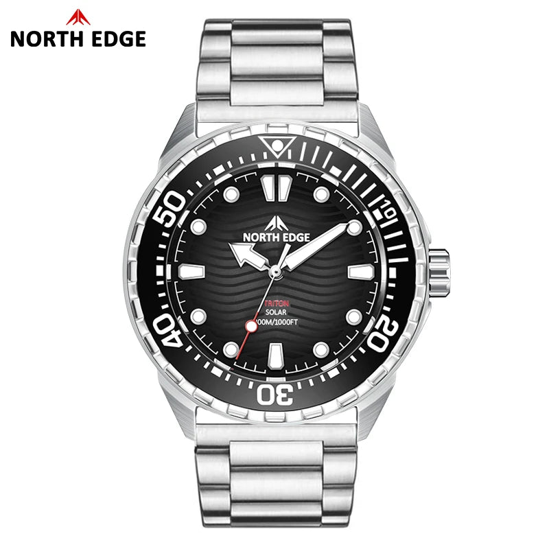 NORTH EDGE TRITON Solar Powered Dive Watch Men Luxury Quartz Watches For Men 316L Stainless Steel Case Waterproof 300M