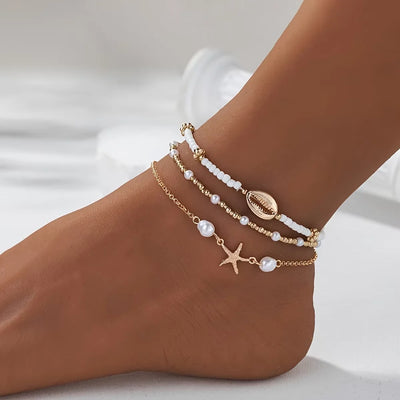 New Beach Beaded Anklet Set for Women Vintage Summer Gold Color Starfish Shell Charms Anklet Vacation Daily Wear Jewelry Gifts
