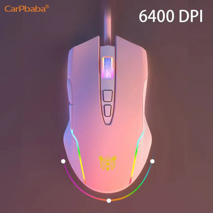 Onikuma C2W905 RGB Gaming Mouse Pink Cute Mouse 6400 DPI Wired Optical Mouse with Cool Lighting Mice for Home Office Notebook PC