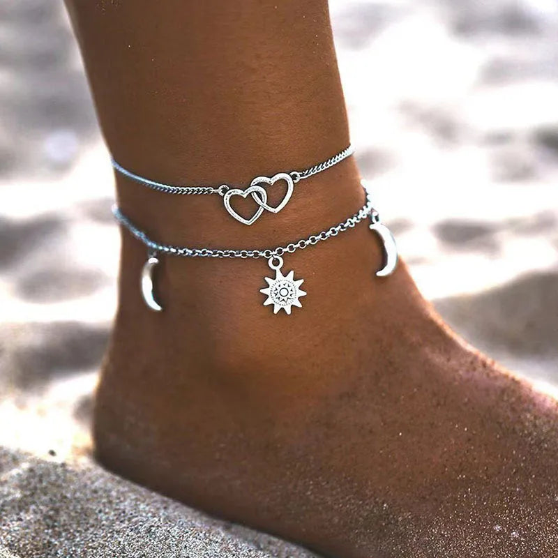 Love Personality Double Simple Bohemian Layered Heart Anklet Summer Beach Anklets On Foot Ankle Bracelets For Women Leg Chain