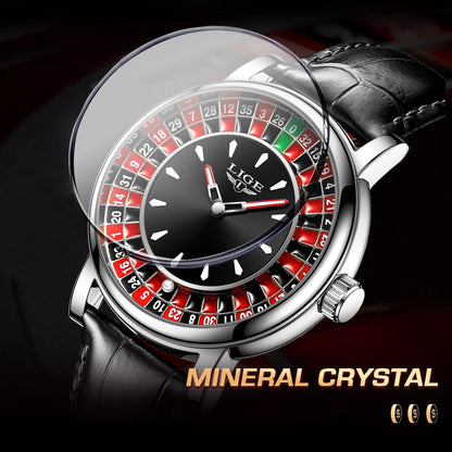 LIGE Quartz Man Watch Fashion Luxury Creative Roulette Game Dial Design Leather Casual Life Waterproof Watches for Men Gifts+Box