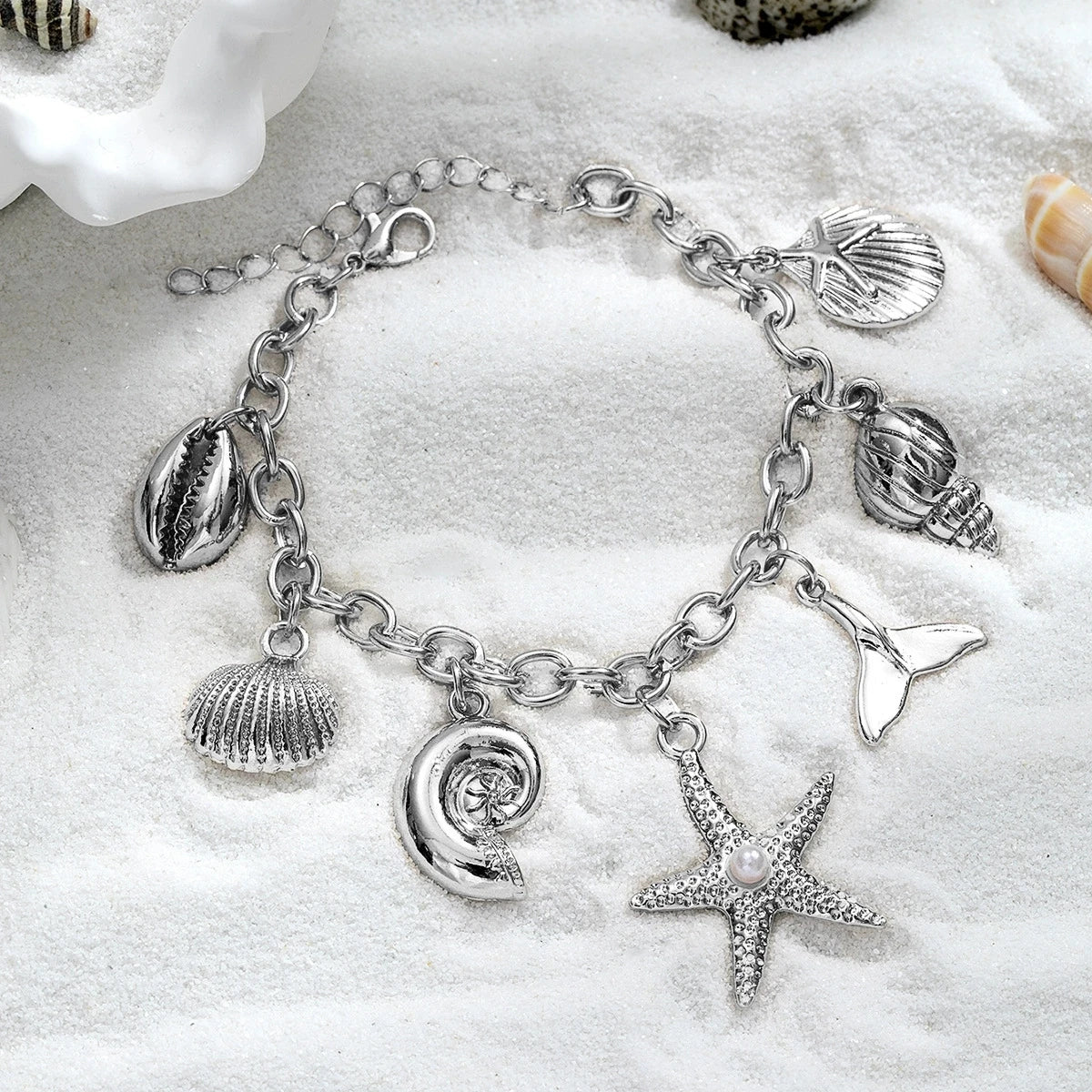 Bohemian Summer Style Bracelet For Women Metal Starfish Shell Scallop Mermaid Charm Bangle Female Fashion Beach Vacation Jewelry