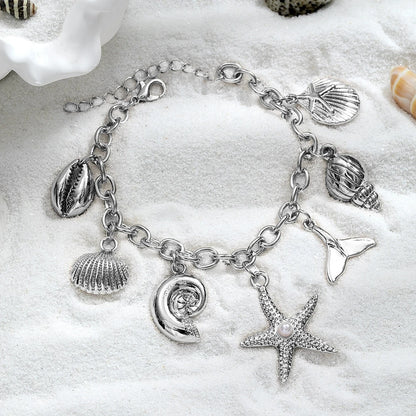 Bohemian Summer Style Bracelet For Women Metal Starfish Shell Scallop Mermaid Charm Bangle Female Fashion Beach Vacation Jewelry