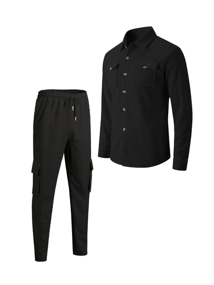 New men's four season outdoor trend casual waffle solid color workwear button pocket lapel jacket workwear pants two-piece set